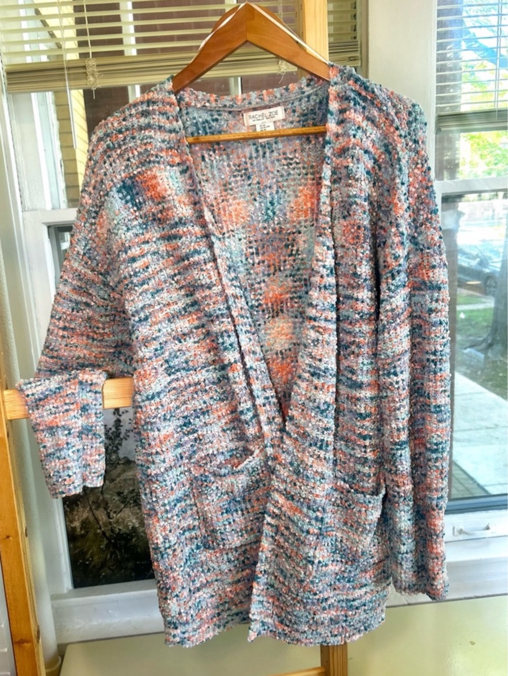 Rachel Zoe Soft Textured Open Front Cardigan in Blue & Pink Size XL